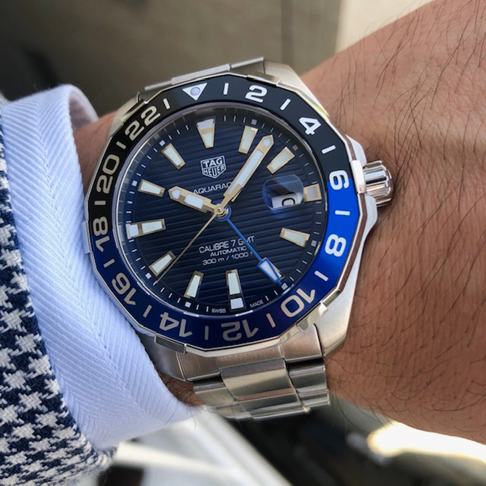  Shop Authentic Tag Heuer Aquaracer GMT Calibre 6 Automatic Blue Dial Silver Steel Strap Watch for Men - WAY201T.BA0927 - Luxxuri