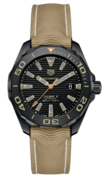  Shop Authentic Tag Heuer Aquaracer 300 Calibre 5 Automatic Black Dial Brown Fabric Strap Watch for Men - WAY208C.FC6383 - Luxxuri