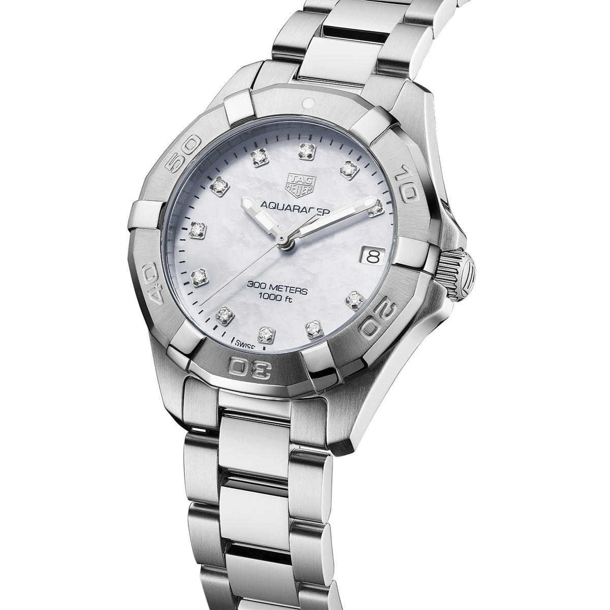  Shop Authentic Tag Heuer Aquaracer Diamonds White Mother of Pearl Dial Silver Steel Strap Watch for Women - WBD1314.BA0740 - Luxxuri
