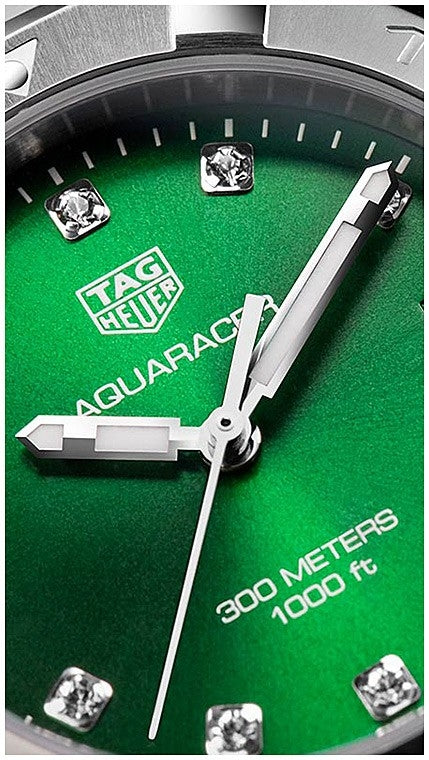  Shop Authentic Tag Heuer Aquaracer Diamonds Emerald Green Dial Silver Steel Strap Watch for Women - WBD1316.BA0740 - Luxxuri