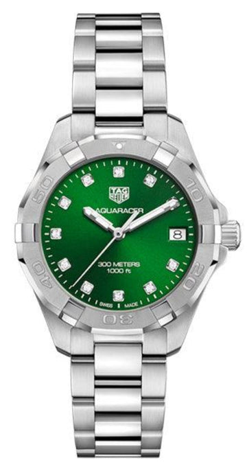  Shop Authentic Tag Heuer Aquaracer Diamonds Emerald Green Dial Silver Steel Strap Watch for Women - WBD1316.BA0740 - Luxxuri
