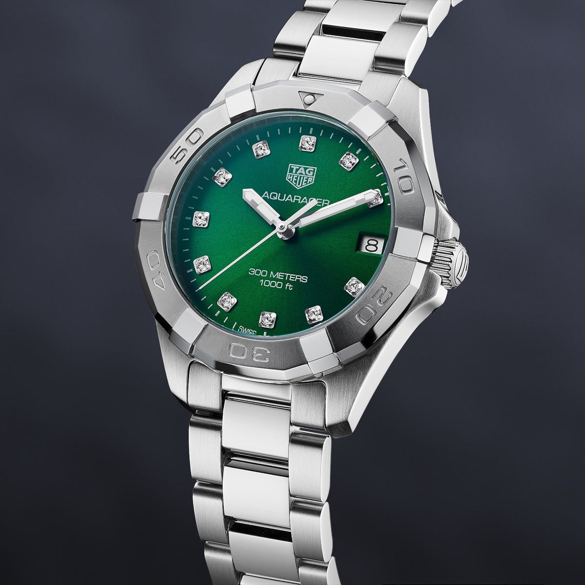  Shop Authentic Tag Heuer Aquaracer Diamonds Emerald Green Dial Silver Steel Strap Watch for Women - WBD1316.BA0740 - Luxxuri