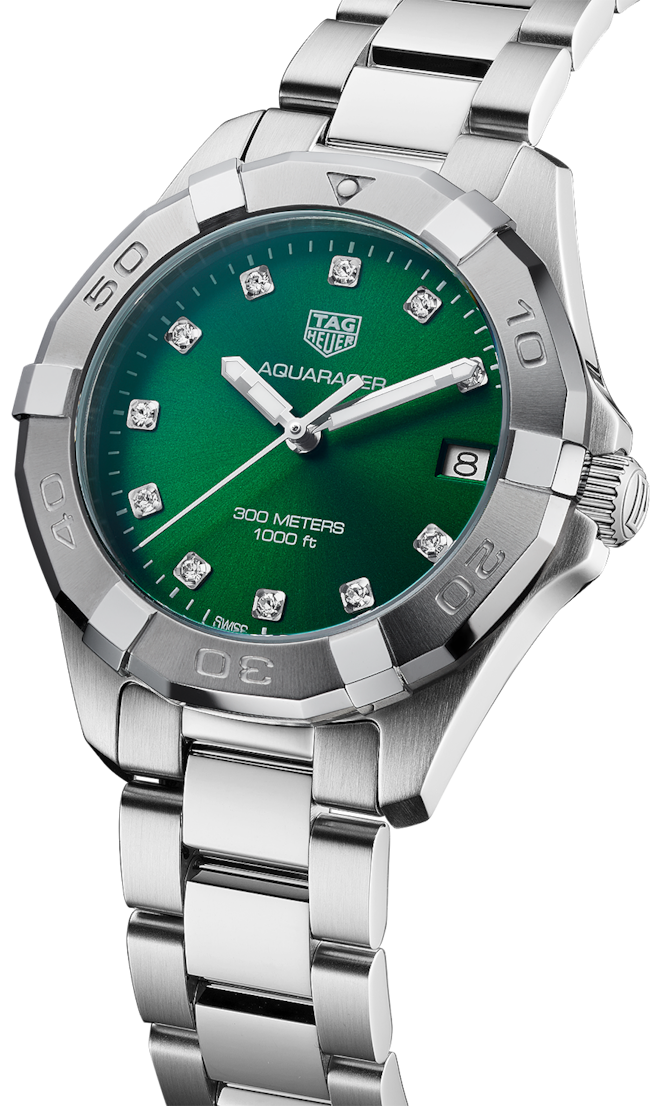  Shop Authentic Tag Heuer Aquaracer Diamonds Emerald Green Dial Silver Steel Strap Watch for Women - WBD1316.BA0740 - Luxxuri