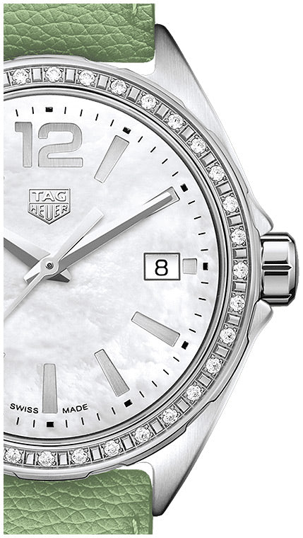  Shop Authentic Tag Heuer Formula 1 Quartz Diamonds Mother of Pearl Dial Green Leather Strap Watch for Women - WBJ131A.FC8249 - Luxxuri