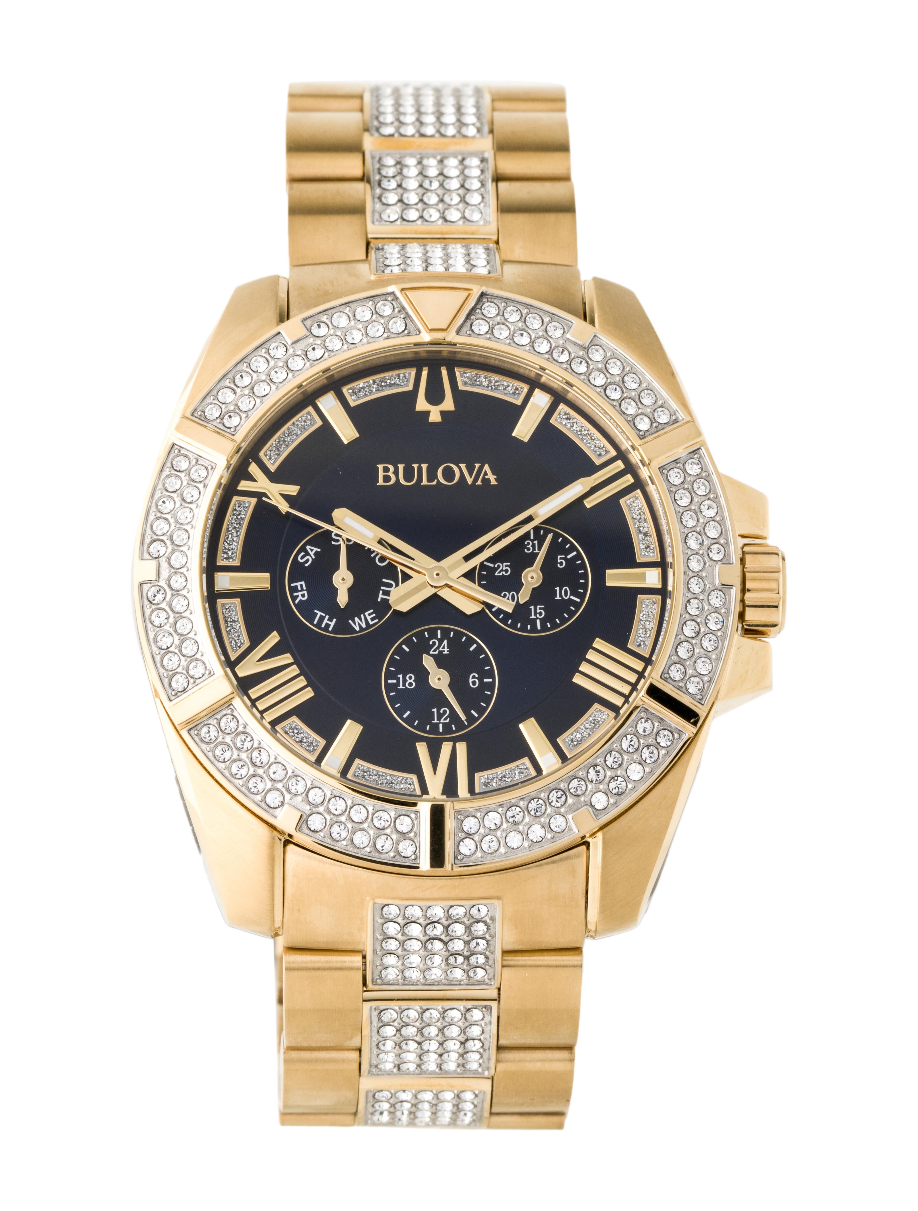  Shop Authentic Bulova Crystal Collection Blue Dial Gold Steel Strap Watch for Men - 98C128 - Luxxuri