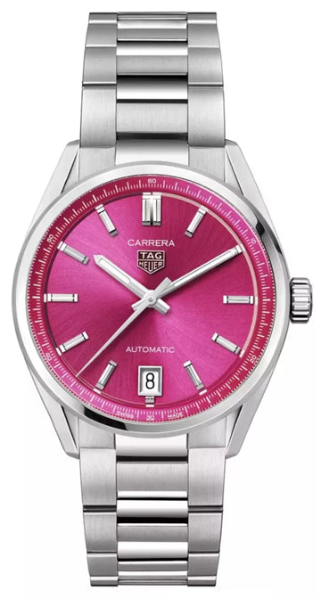  Shop Authentic Tag Heuer Carrera Date Automatic 18K Pink Dial Silver Steel Strap Watch for Women - WBN2313.BA0001 - Luxxuri