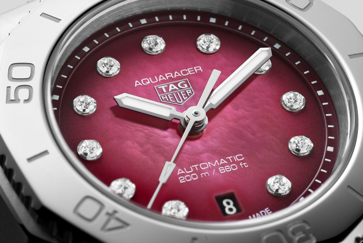  Shop Authentic Tag Heuer Aquaracer Professional 200 Automatic Diamond Ruby Red Dial Silver Steel Strap Watch for Women - WBP2414.BA0622 - Luxxuri