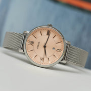  Shop Authentic Fossil Jacqueline Three Hand Pink Dial Silver Mesh Strap Watch for Women - ES5089 - Luxxuri