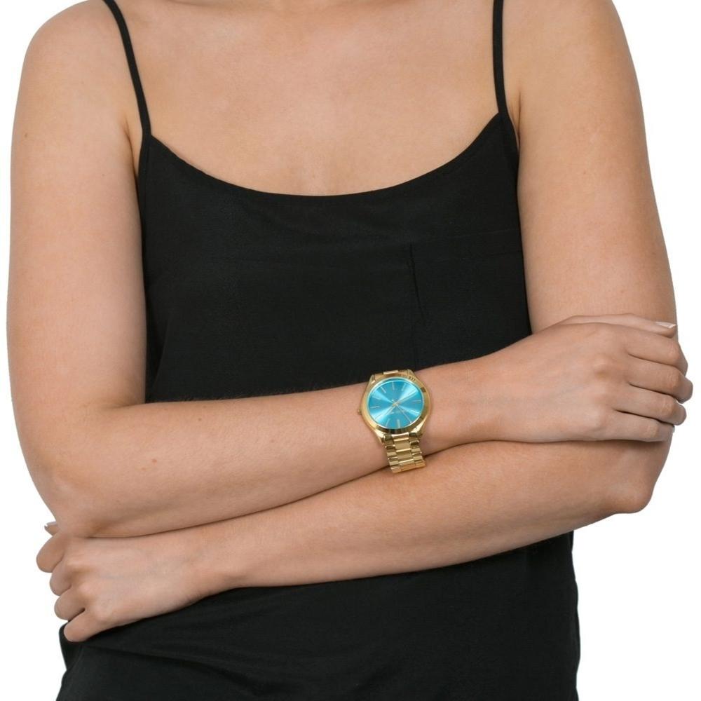  Shop Authentic Michael Kors Slim Runway Blue Dial Gold Steel Strap Watch for Women - MK3265 - Luxxuri