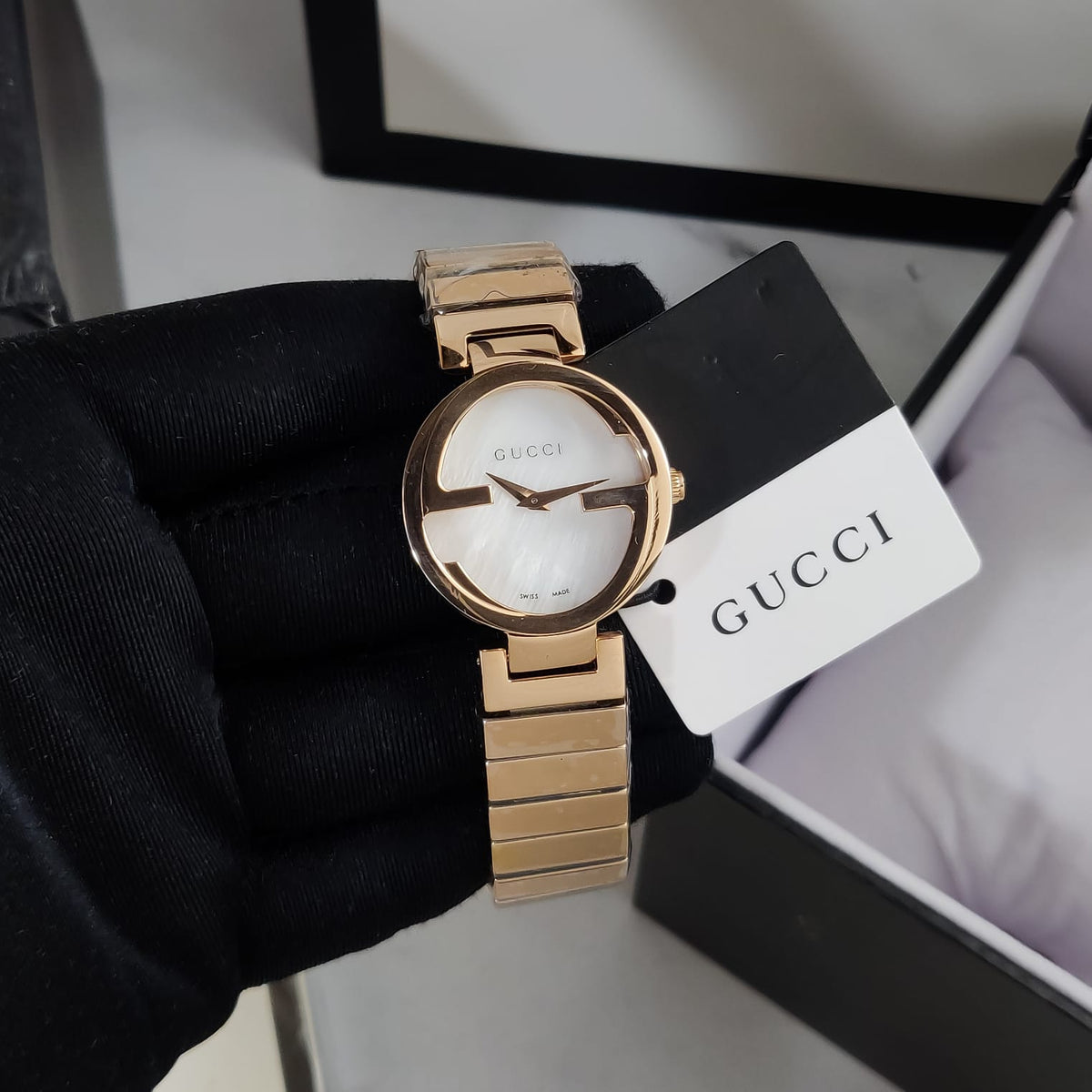  Shop Authentic Gucci G Interlocking Mother of Pearl Dial Rose Gold Steel Strap Watch For Women - YA133515 - Luxxuri