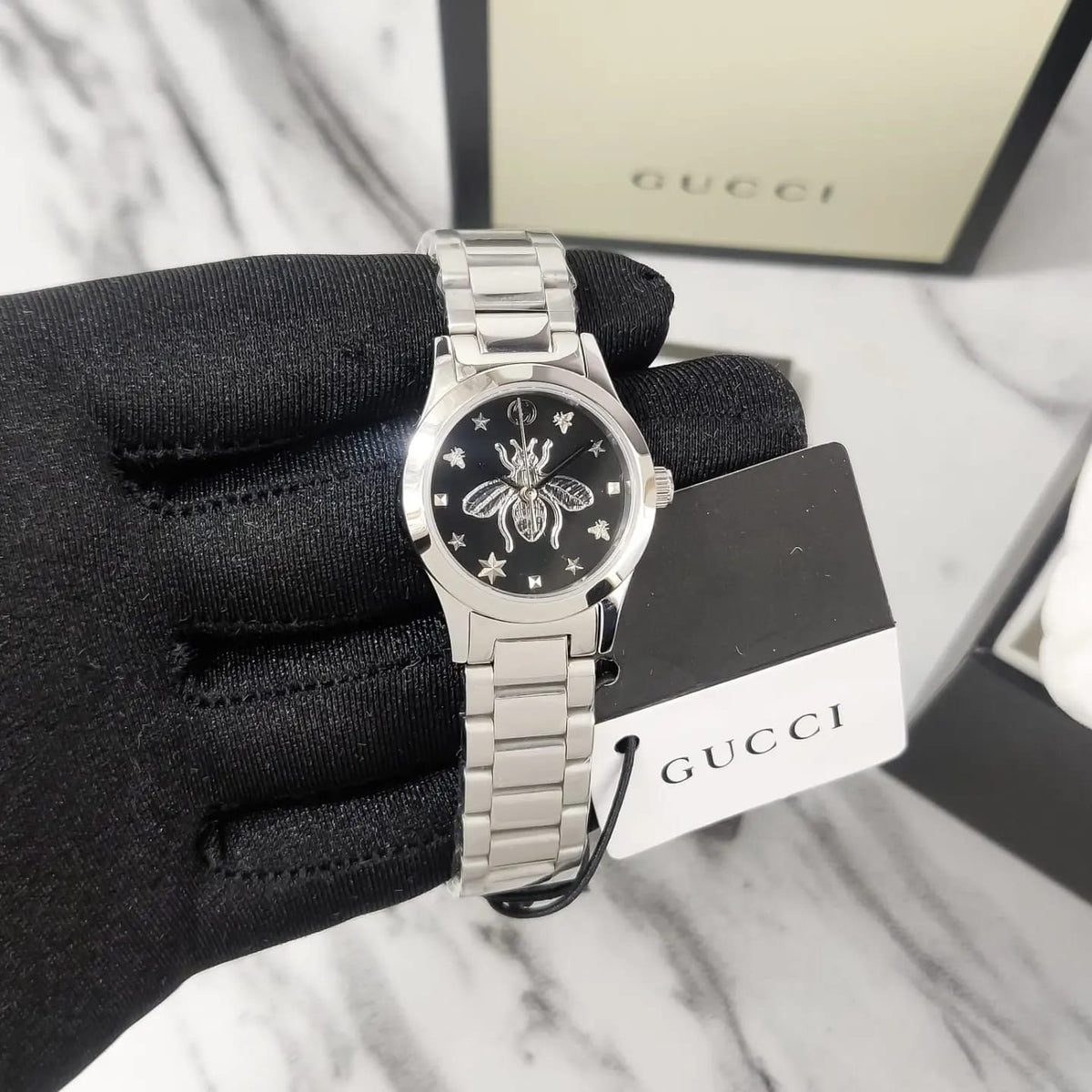  Shop Authentic Gucci G Timeless Quartz Diamonds Black Dial Silver Steel Strap Watch For Women - YA1265024 - Luxxuri