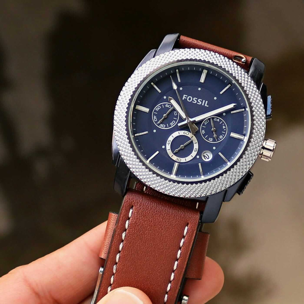  Shop Authentic Fossil Machine Chronograph Blue Dial Brown Leather Strap Watch for Men - FS5232 - Luxxuri