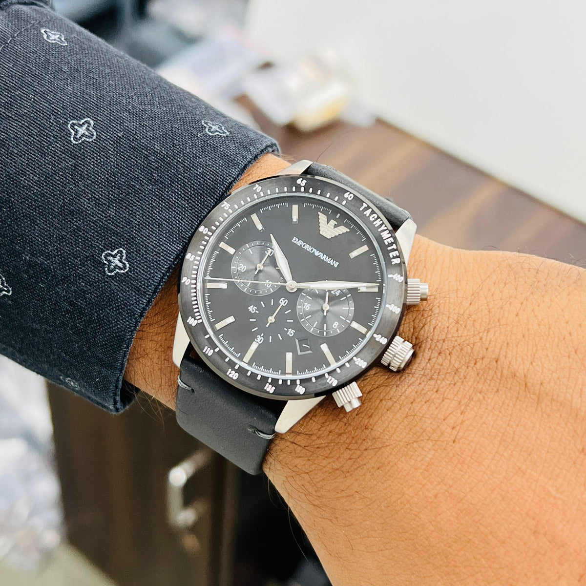  Shop Authentic Emporio Armani Mario Chronograph Black Dial Black Leather Strap Watch For Men - AR11243 - Luxxuri