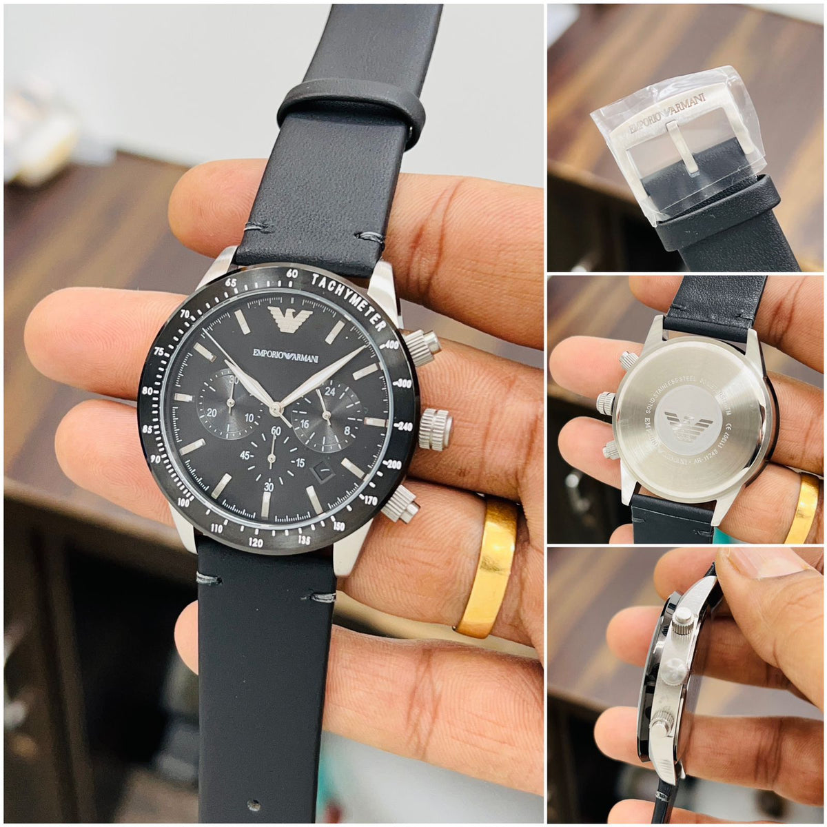  Shop Authentic Emporio Armani Mario Chronograph Black Dial Black Leather Strap Watch For Men - AR11243 - Luxxuri