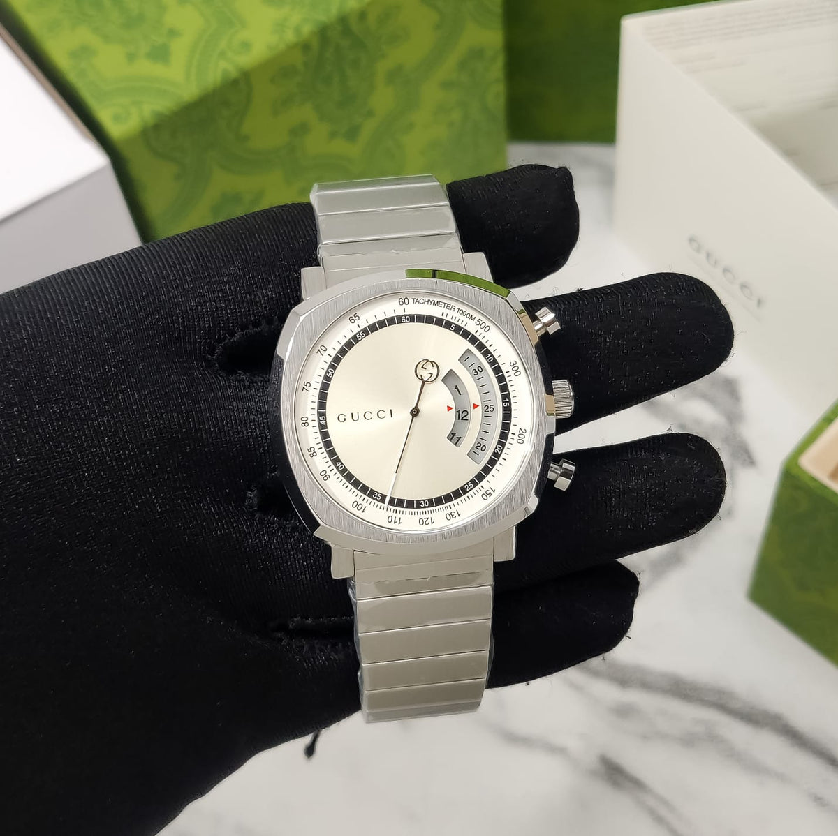  Shop Authentic Gucci Grip Collection Quartz Silver Dial Silver Steel Strap Watch For Men - YA157302 - Luxxuri