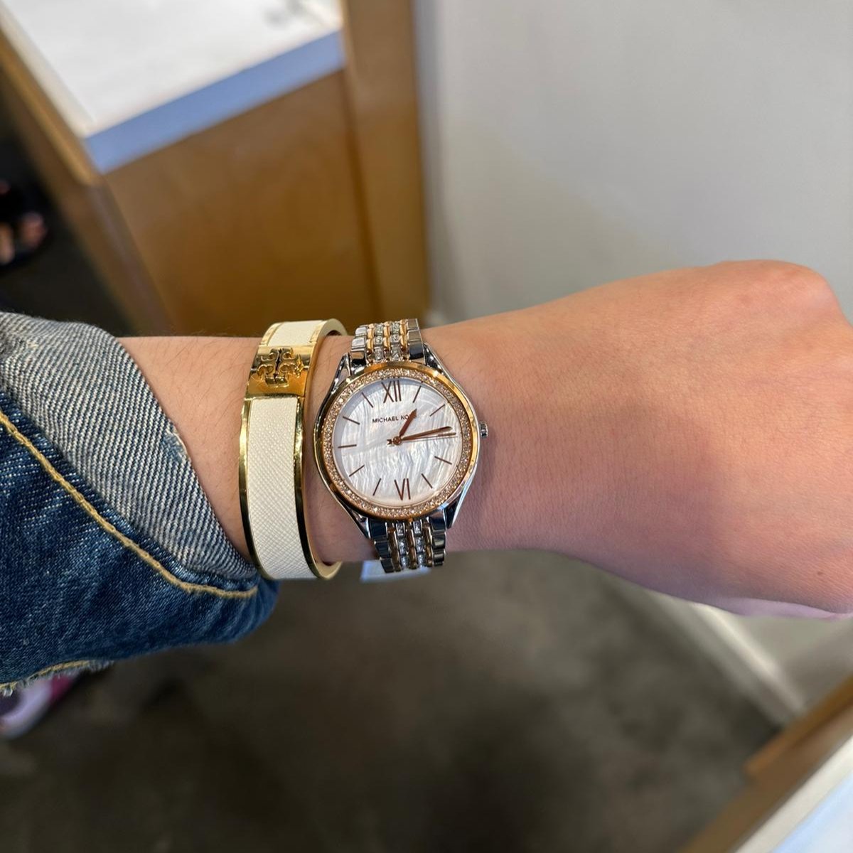  Shop Authentic Michael Kors Mindy Three Hand White Dial Two Tone Steel Strap Watch For Women - MK7077 - Luxxuri