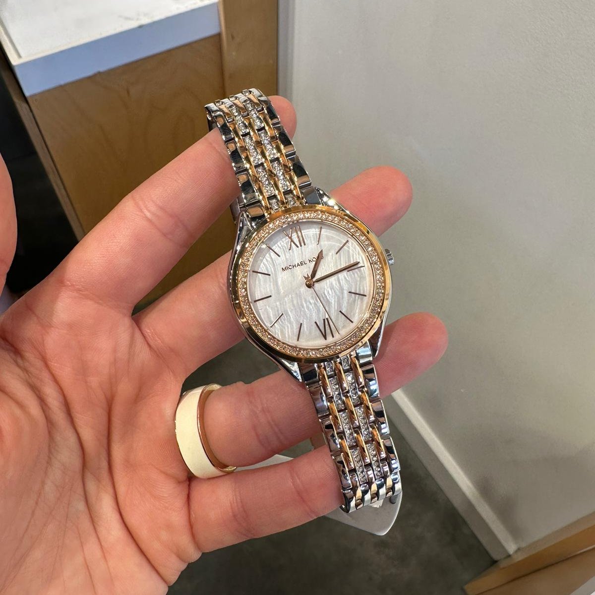  Shop Authentic Michael Kors Mindy Three Hand White Dial Two Tone Steel Strap Watch For Women - MK7077 - Luxxuri