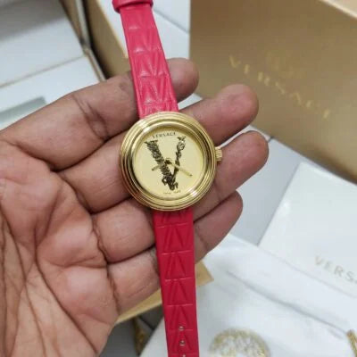  Shop Authentic Versace Virtus Mini Quartz Gold Dial Red Leather Strap Watch For Women - VET300521 - Luxxuri