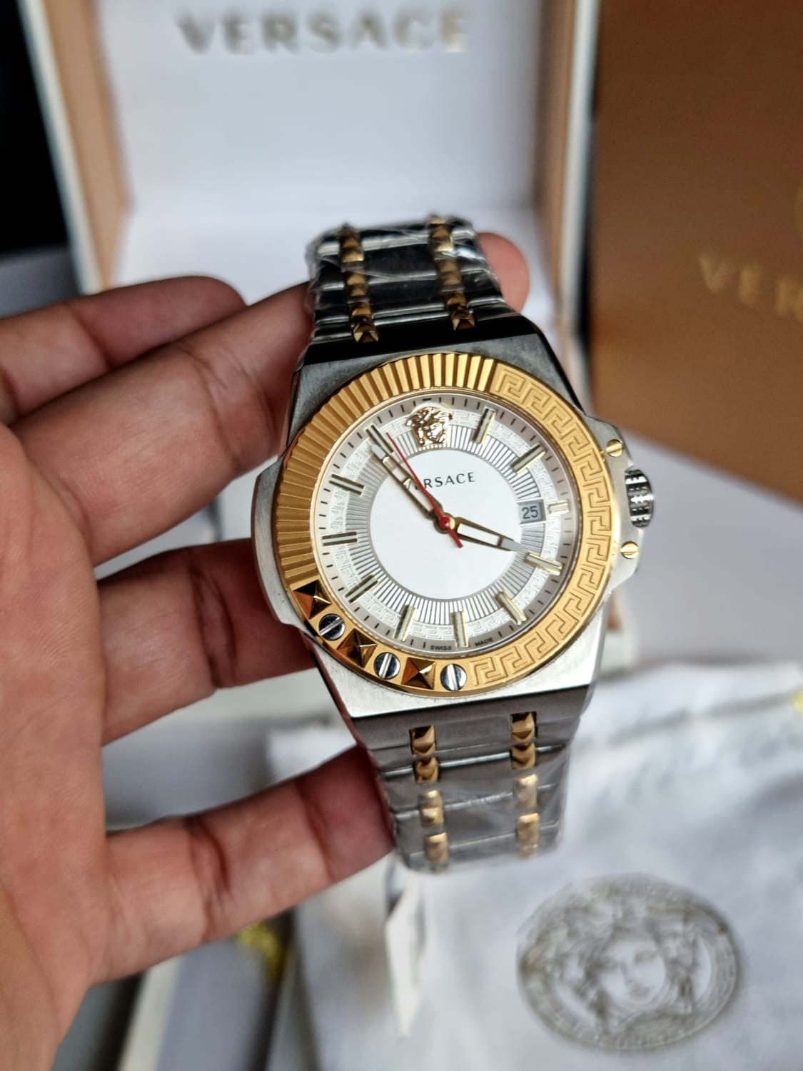  Shop Authentic Versace Chain Reaction Quartz White Dial Two Tone Steel Strap Watch for Men - VEDY00519 - Luxxuri