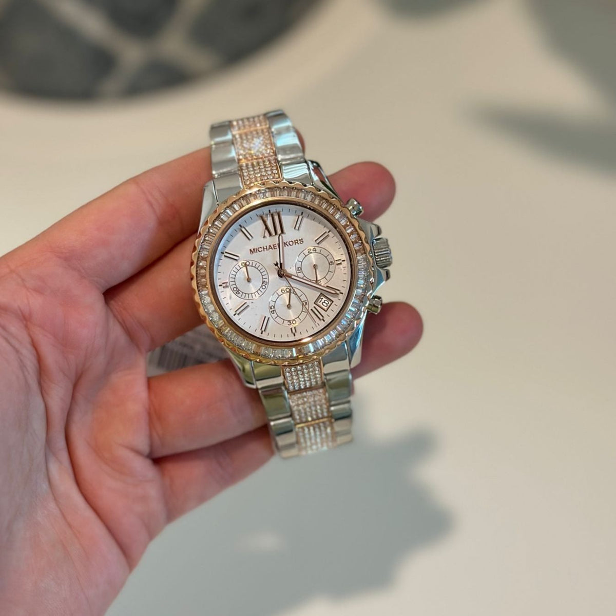  Shop Authentic Michael Kors Everest Chronograph Silver Dial Two Tone Steel Strap Watch For Women - MK6975 - Luxxuri