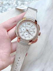  Shop Authentic Michael Kors Sidney Chronograph White Dial Beige Leather Strap Watch For Women - MK6949 - Luxxuri