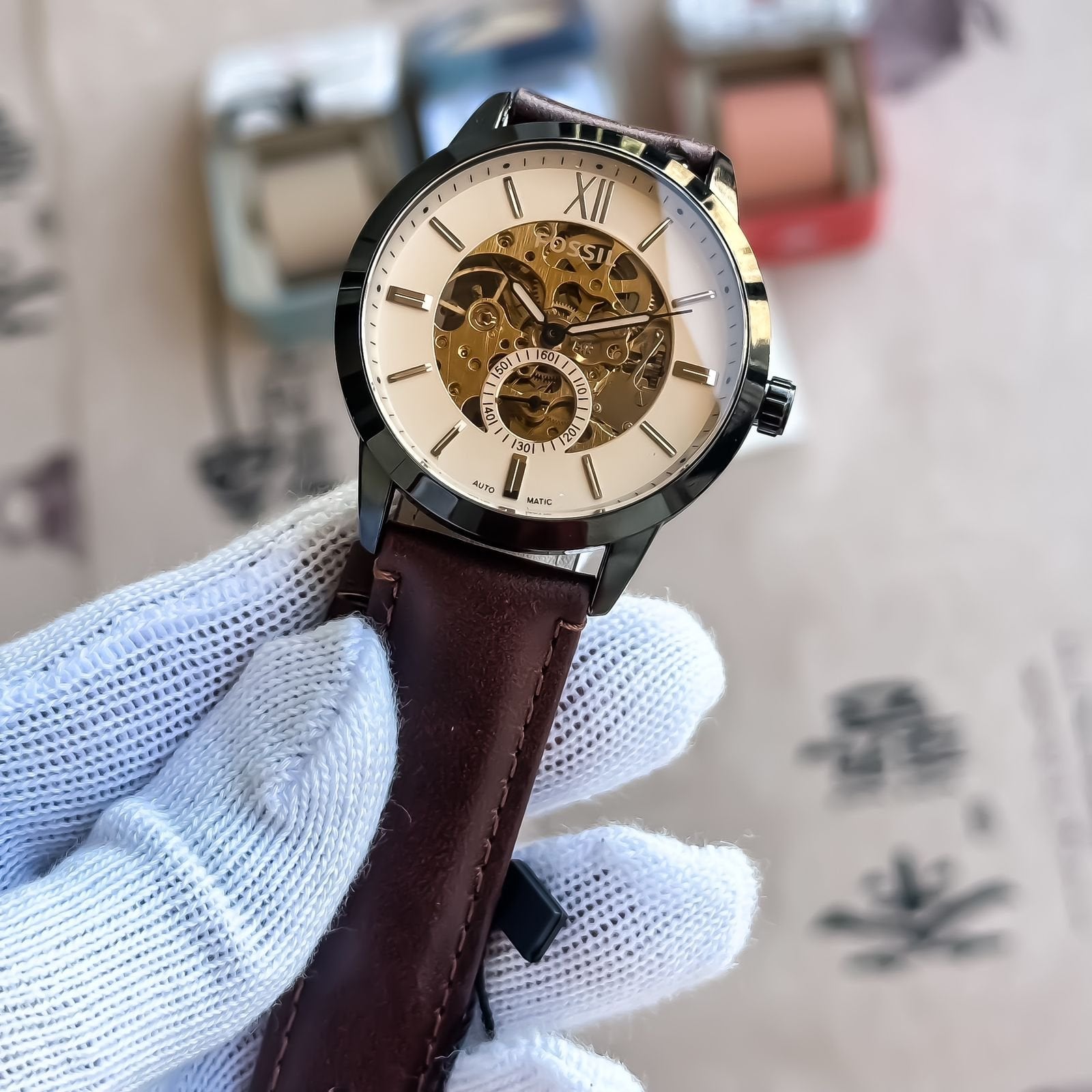  Shop Authentic Fossil Neutra Automatic Skeleton White Dial Brown Leather Strap Watch for Men - ME3184 - Luxxuri