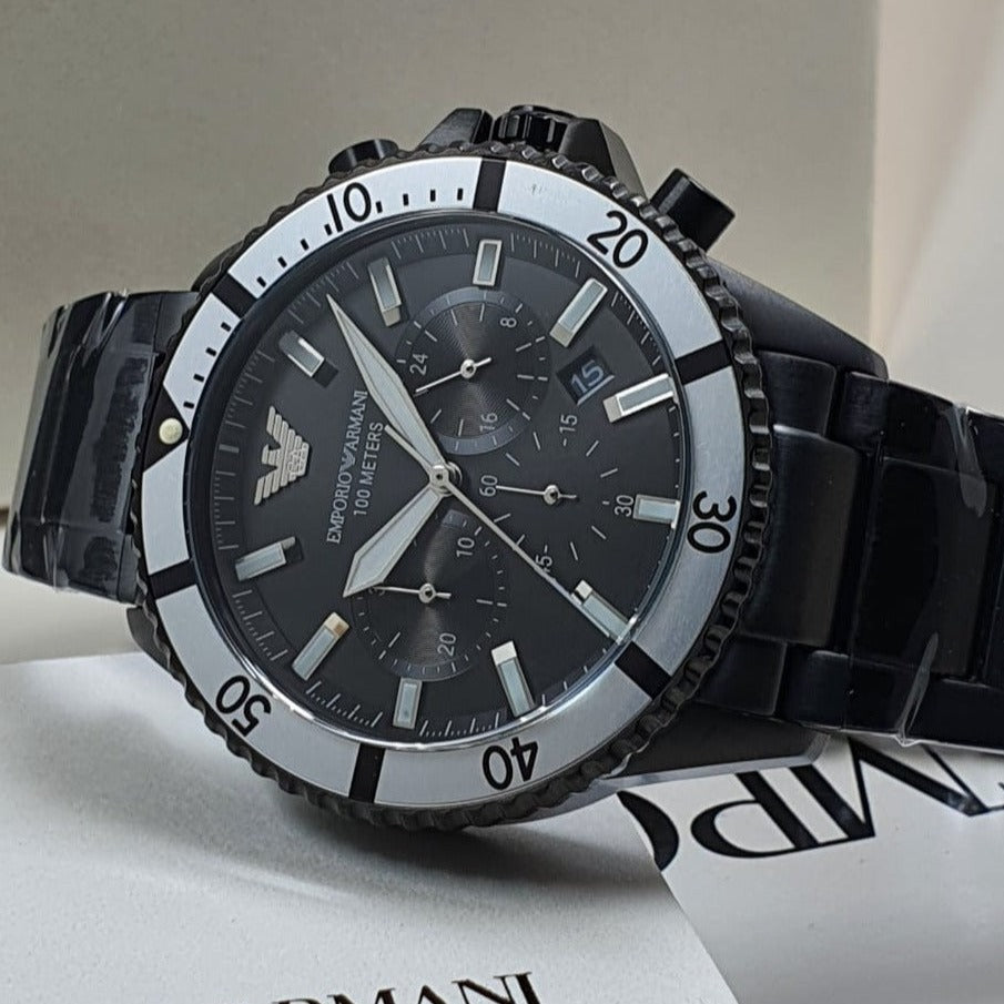  Shop Authentic Emporio Armani Diver Chronograph Black Dial Black Steel Strap Watch For Men - AR80050 - Luxxuri