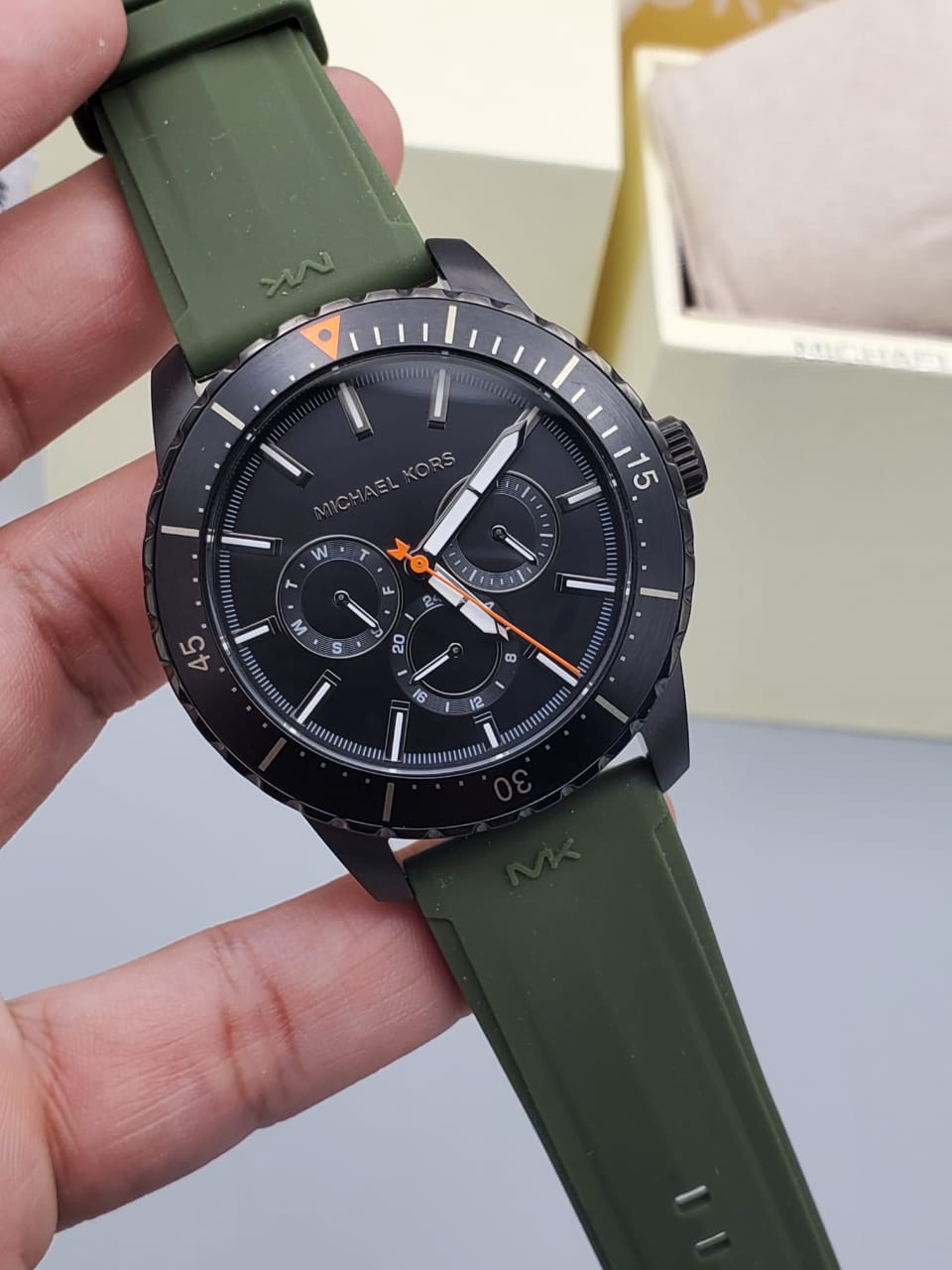  Shop Authentic Michael Kors Cunningham Chronograph Black Dial Green Rubber Strap Watch For Men - MK7165 - Luxxuri