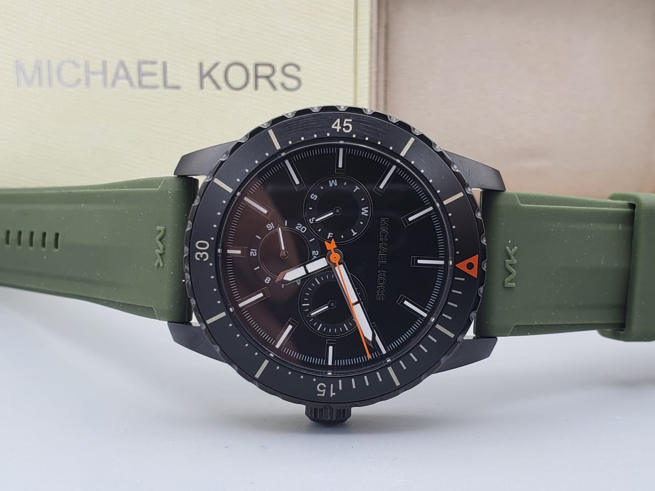  Shop Authentic Michael Kors Cunningham Chronograph Black Dial Green Rubber Strap Watch For Men - MK7165 - Luxxuri