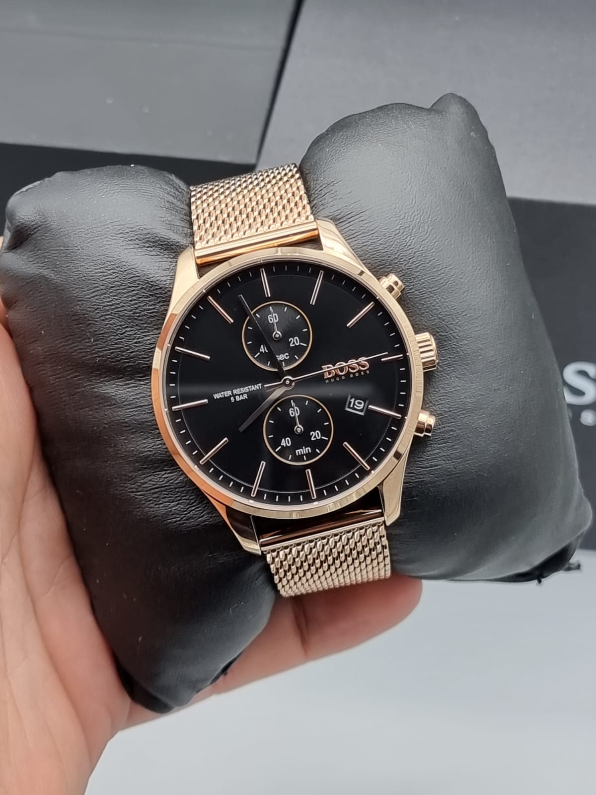  Shop Authentic Hugo Boss Associate Black Dial Rose Gold Mesh Bracelet Watch for Men - 1513806 - Luxxuri