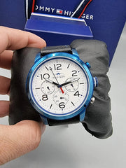  Shop Authentic Tommy Hilfiger Jake Multi Function Quartz White Dial Black Leather Strap Watch for Men - 1791235 - Luxxuri