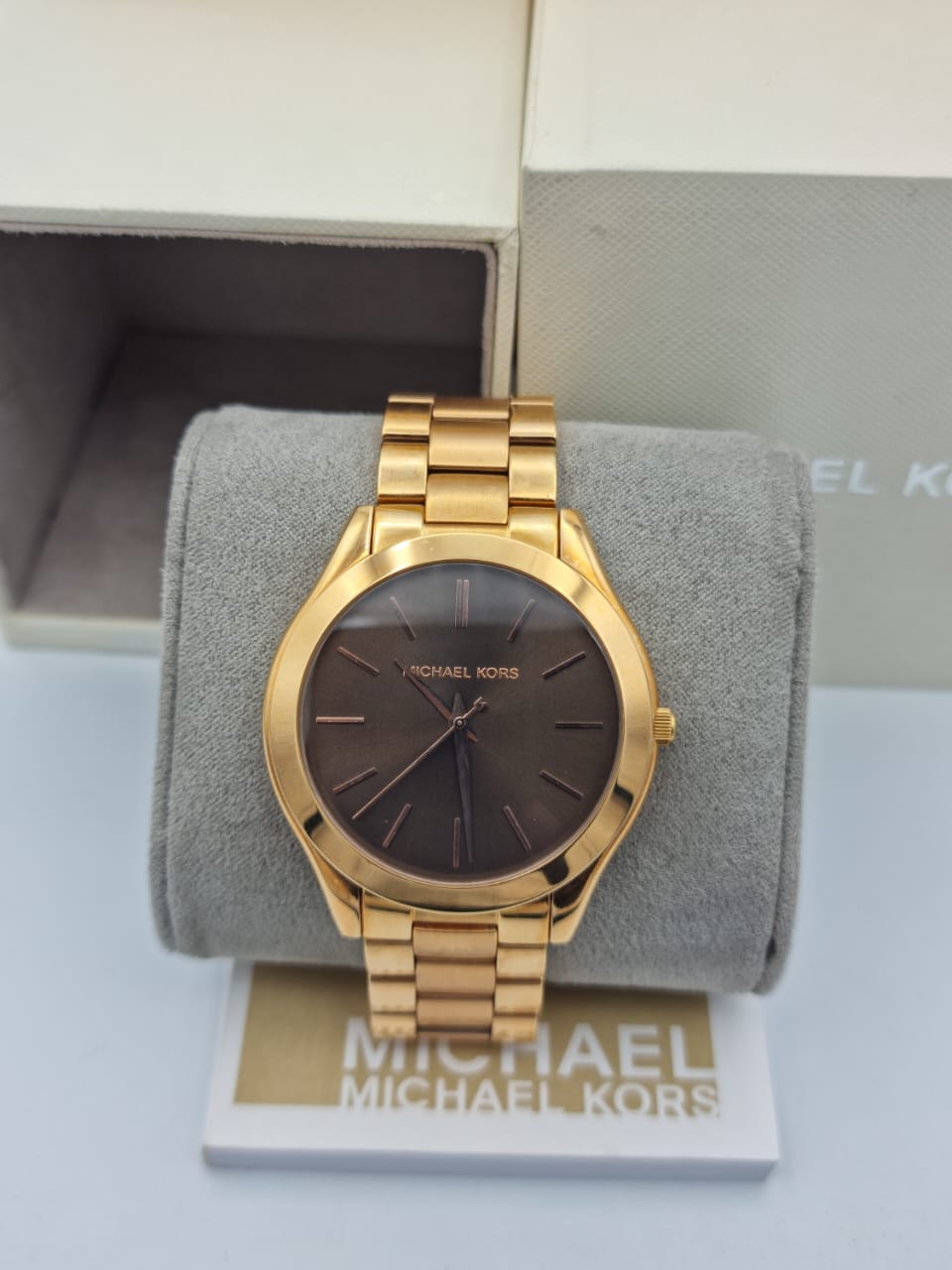  Shop Authentic Michael Kors Slim Runway Brown Dial Rose Gold Stainless Steel Strap Watch for Women - MK3181 - Luxxuri