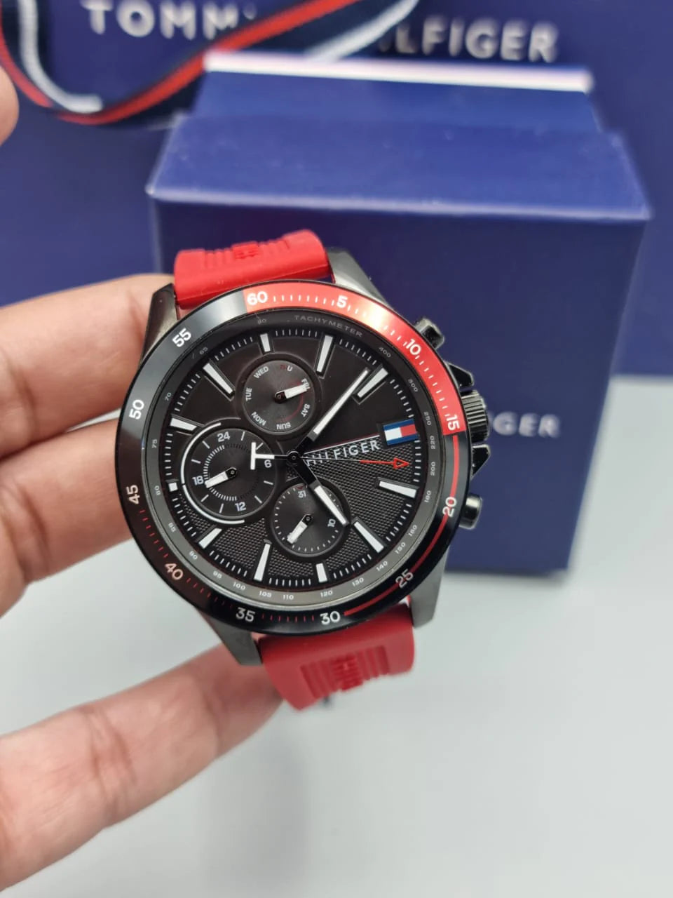  Shop Authentic Tommy Hilfiger Multifunction Quartz Black Dial Red Rubber Strap Watch for Men  - 1791722 - Luxxuri