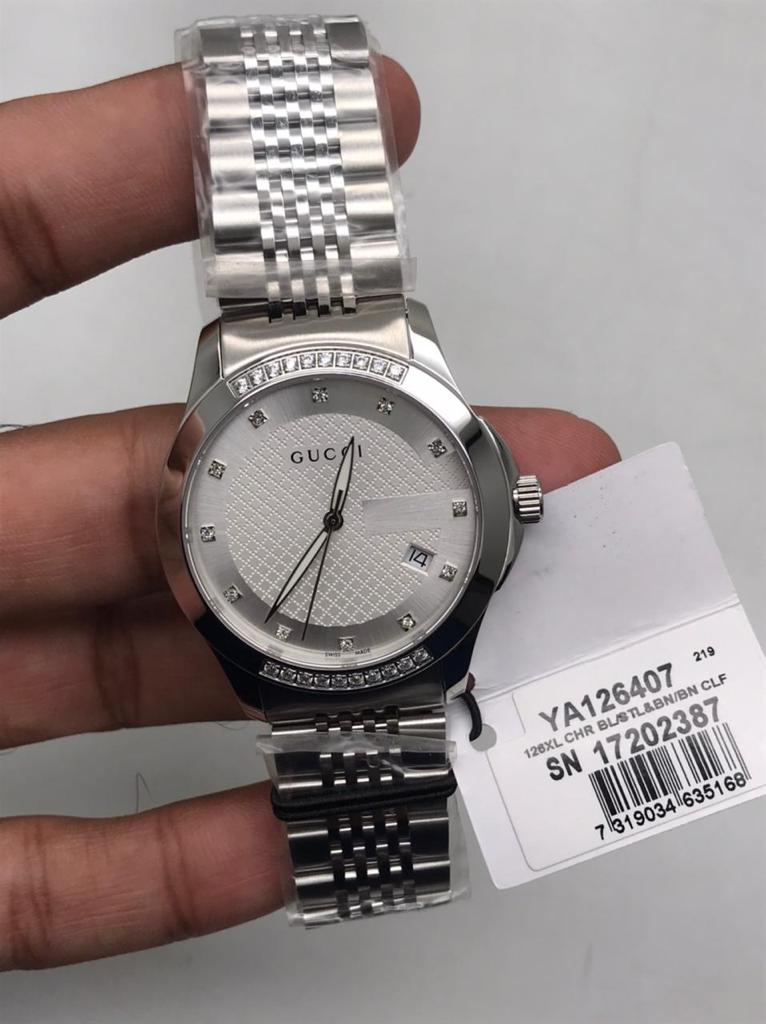  Shop Authentic Gucci G Timeless Diamonds Silver Dial Silver Steel Strap Watch For Men - YA126407 - Luxxuri