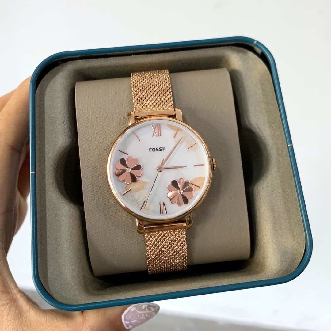  Shop Authentic Fossil Jacqueline Three-Hand White Dial Rose Gold Mesh Bracelet Watch for Women - ES4534 - Luxxuri