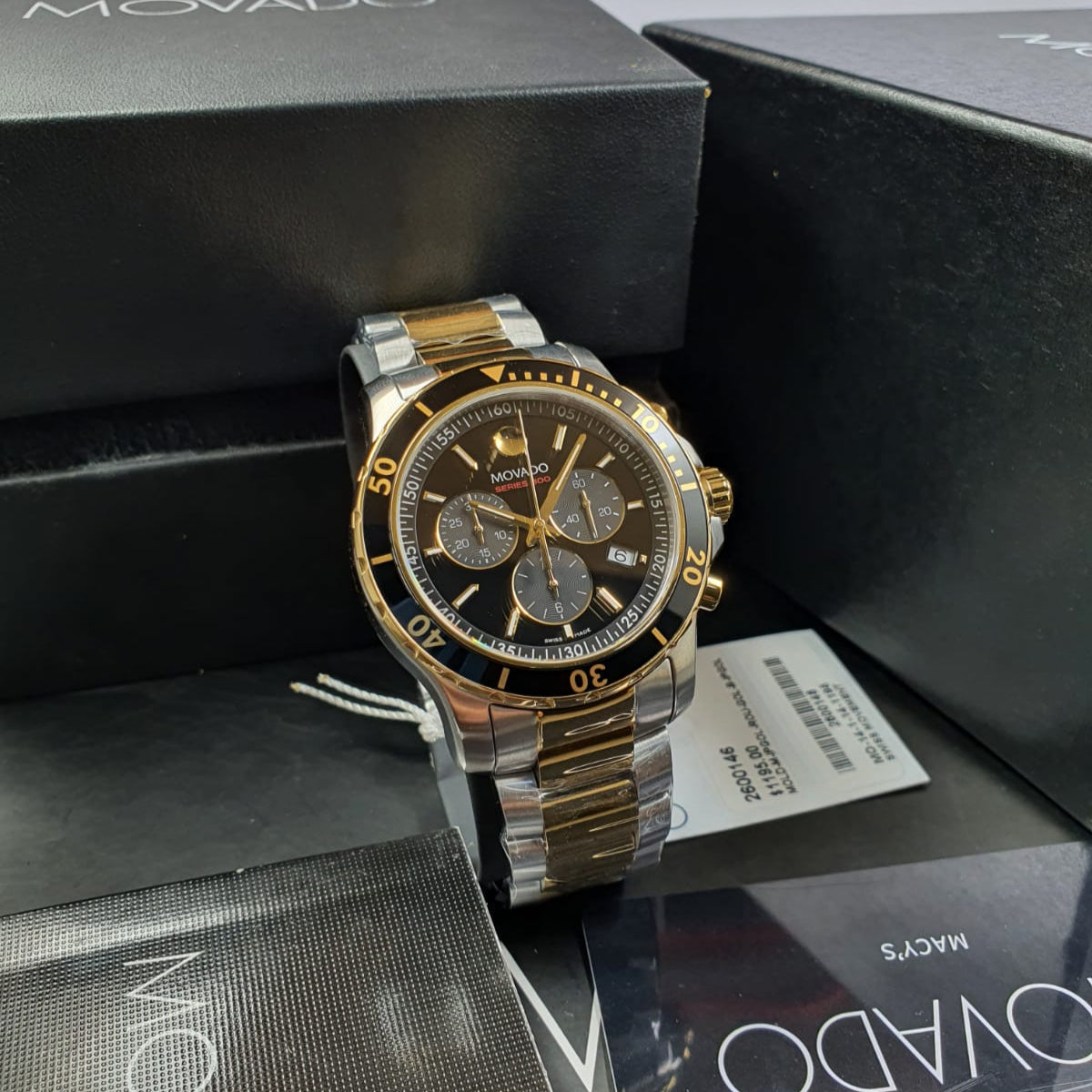  Shop Authentic Movado Series 800 Chronograph Black Dial Two Tone Steel Strap Watch For Men - 2600146 - Luxxuri