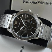  Shop Authentic Emporio Armani Mario Chronograph Black Dial Silver Steel Strap Watch For Men - AR11241 - Luxxuri