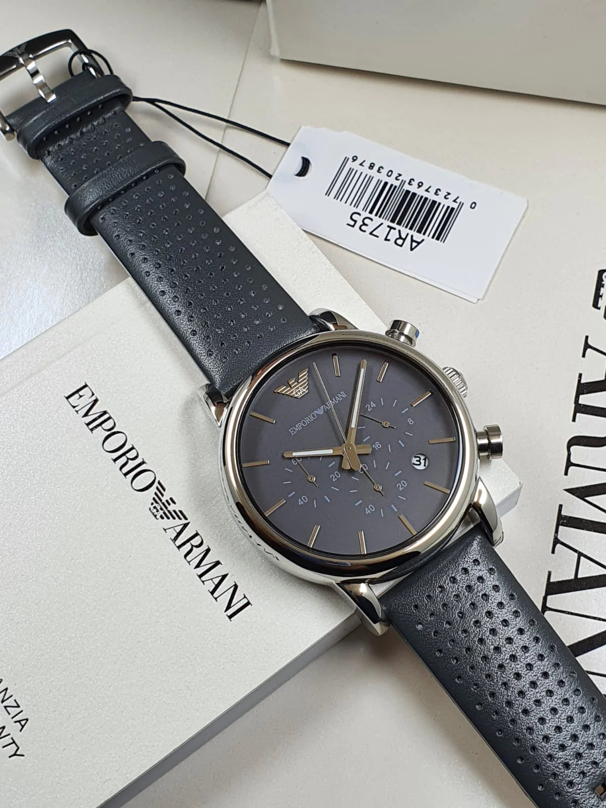  Shop Authentic Emporio Armani Luigi Chronograph Quartz Grey Dial Grey Leather Strap Watch For Men - AR1735 - Luxxuri