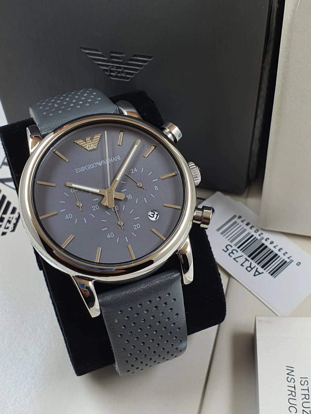  Shop Authentic Emporio Armani Luigi Chronograph Quartz Grey Dial Grey Leather Strap Watch For Men - AR1735 - Luxxuri