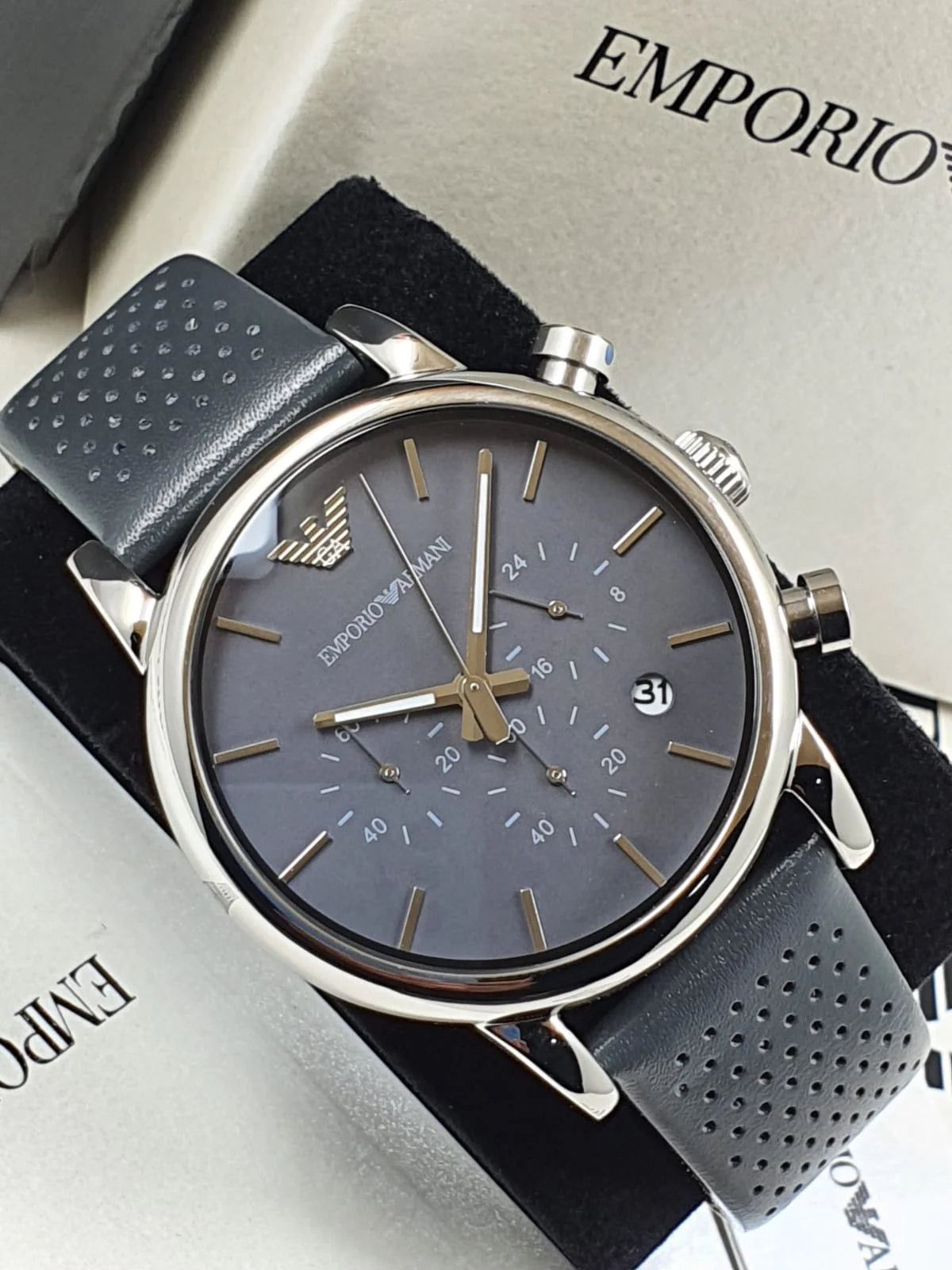  Shop Authentic Emporio Armani Luigi Chronograph Blue Dial Black Leather Strap Watch For Men - AR1736 - Luxxuri