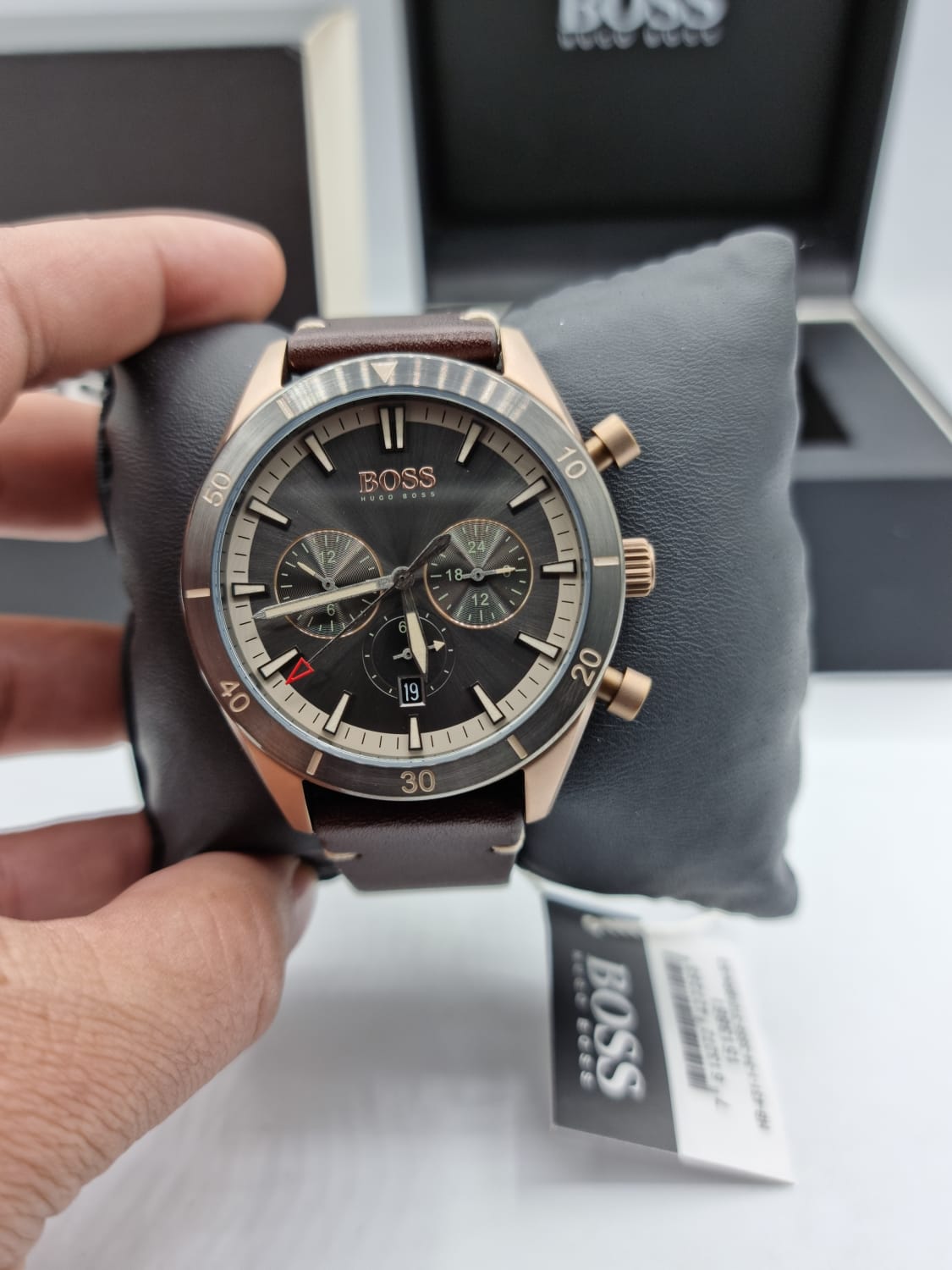  Shop Authentic Hugo Boss Santiago Grey Dial Brown Leather Strap Watch for Men - 1513861 - Luxxuri