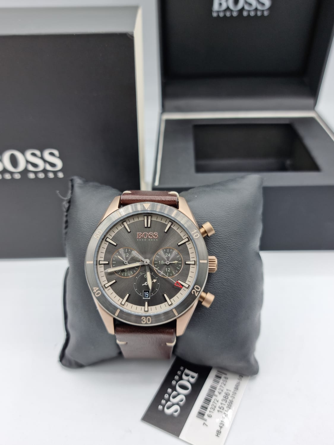  Shop Authentic Hugo Boss Santiago Grey Dial Brown Leather Strap Watch for Men - 1513861 - Luxxuri