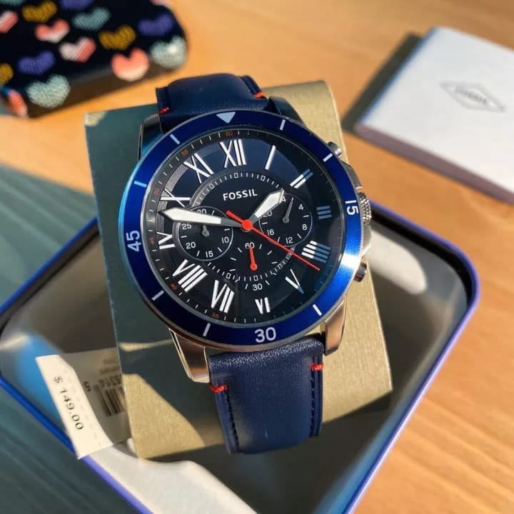  Shop Authentic Fossil Grant Chronograph Blue Dial Blue Leather Strap Watch for Men - FS5373 - Luxxuri