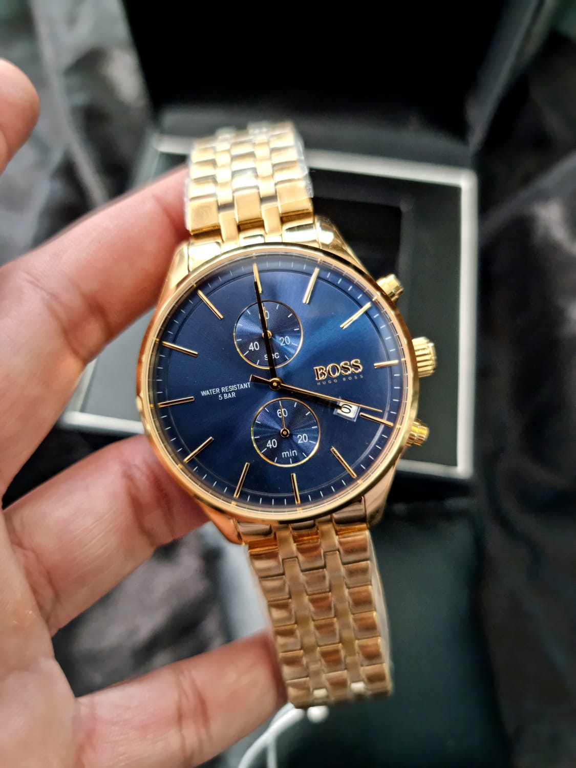  Shop Authentic Hugo Boss Associate Blue Dial Gold Steel Strap Watch for Men - 1513841 - Luxxuri