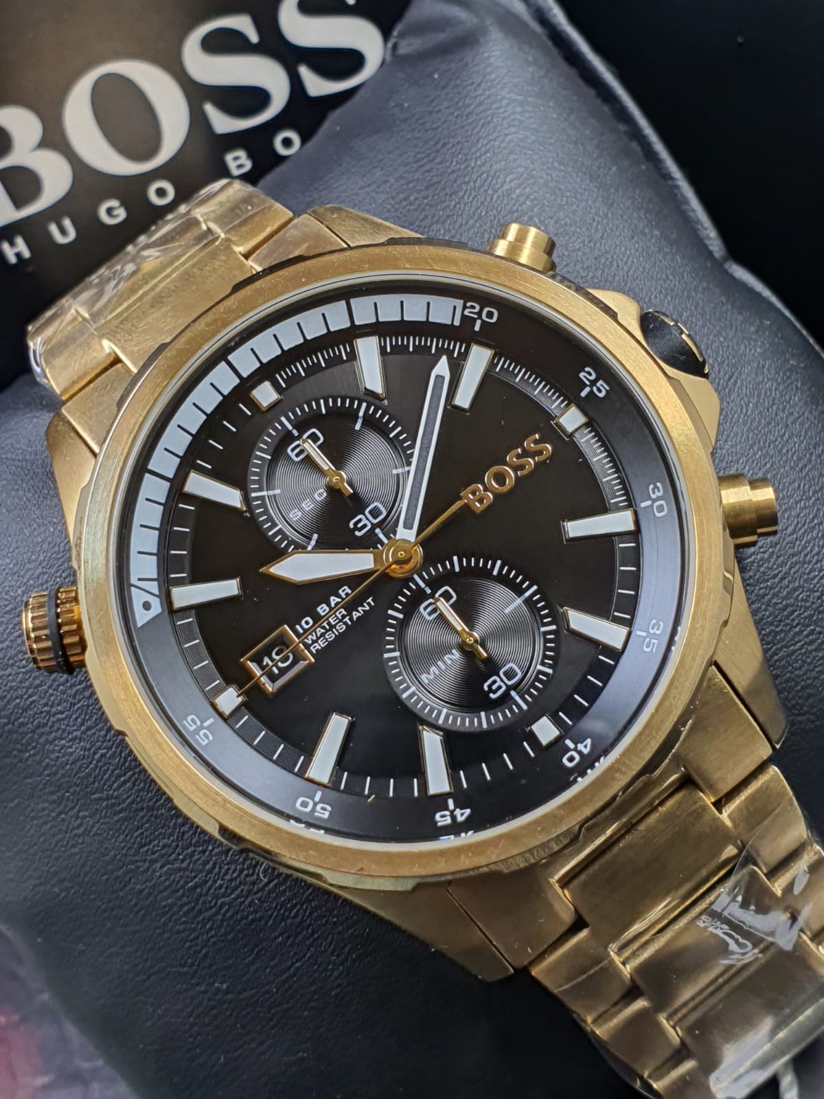  Shop Authentic Hugo Boss Globetrotter Chronograph Black Dial Gold Steel Strap Watch for Men - 1513932 - Luxxuri