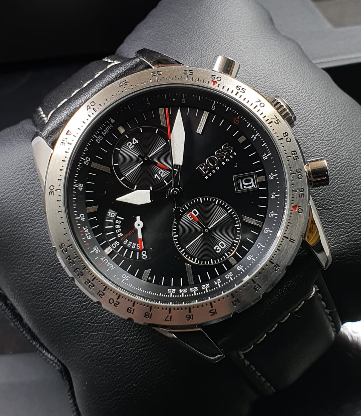  Shop Authentic Hugo Boss Aero Chronograph Black Dial Black Leather Strap Watch for Men - 1513770 - Luxxuri