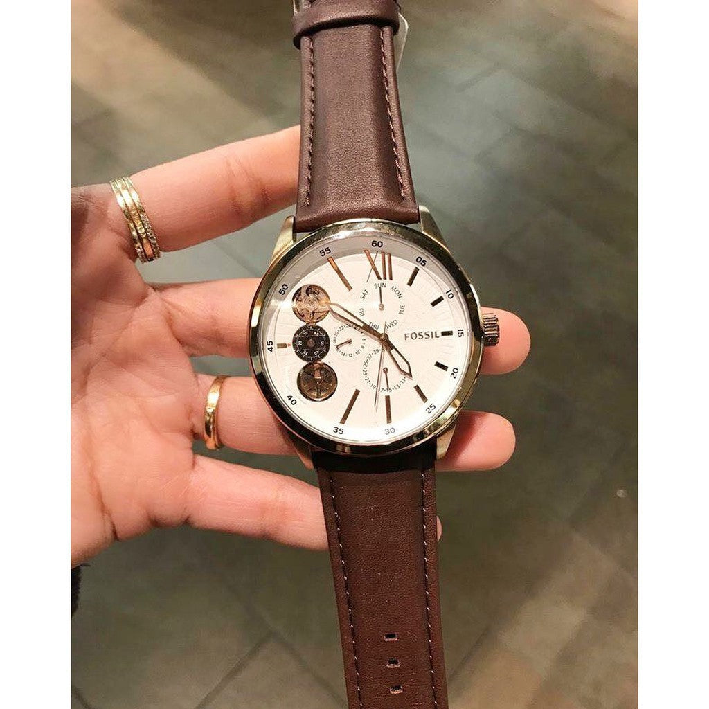  Shop Authentic Fossil Flynn Twist Mechanical White Dial Brown Leather Strap Watch for Men - BQ2218 - Luxxuri