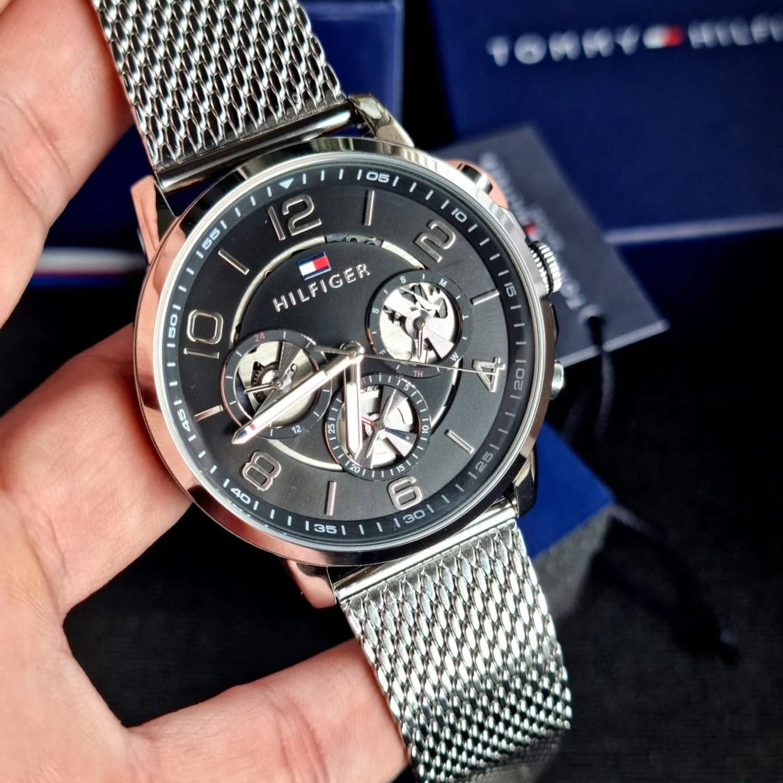  Shop Authentic Tommy Hilfiger Chronograph Black Dial Silver Mesh Bracelet Watch for Men - 1791292 - Luxxuri