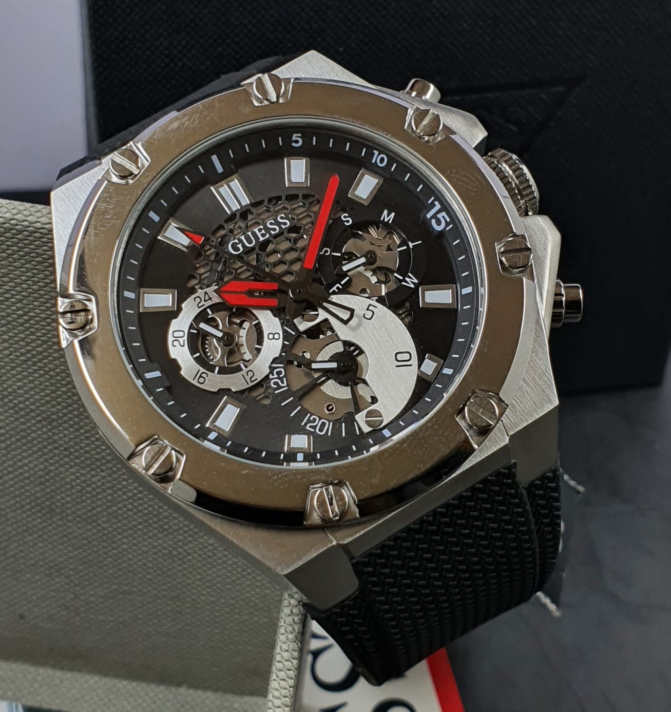  Shop Authentic Guess Third Grear Multi Function Black Dial Black Rubber Strap Watch for Men- GW0334G1 - Luxxuri