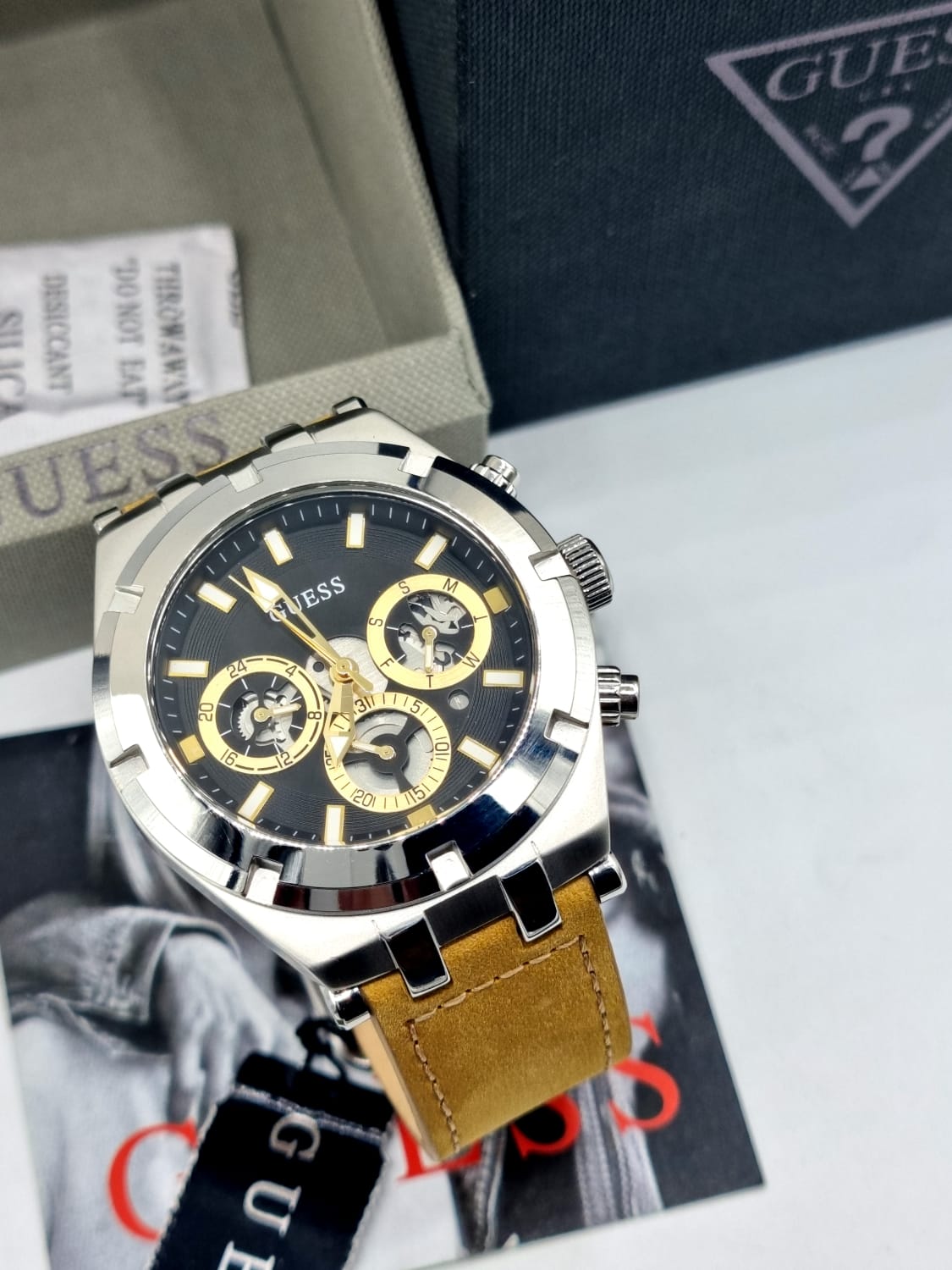  Shop Authentic Guess Continental Multifunction Black Dial Brown Leather Strap Watch for Men - GW0262G1 - Luxxuri